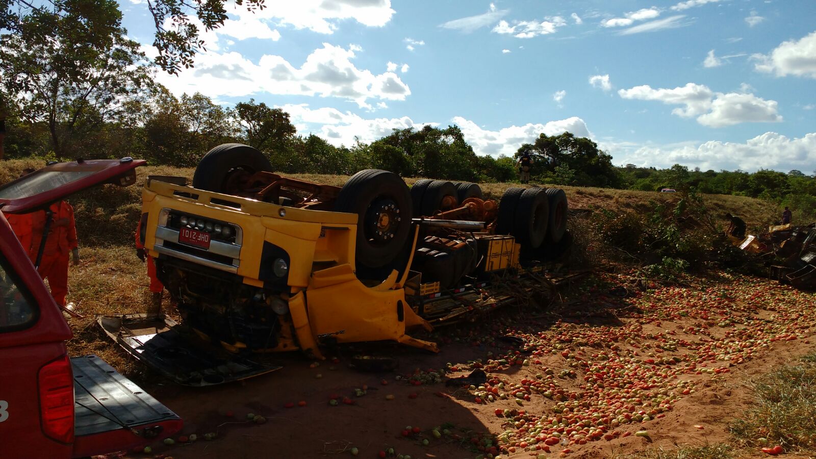 Caminhão carregado de tomate tomba e motorista morre preso nas ferragens na BR-242