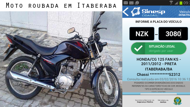 Moto é roubada na porta de casa em Itaberaba