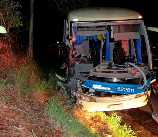 Três pessoas ficam feridas após ônibus colidir em caminhão na BR-242