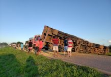 Motorista de carreta perde controle da direção e tomba na BR-242