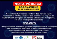 Prefeitura diz que exame deu Negativo para coronavirus, em Boa Vista do Tupim