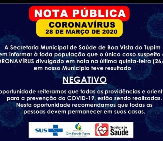 Prefeitura diz que exame deu Negativo para coronavirus, em Boa Vista do Tupim