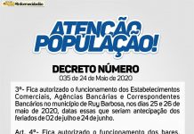 Prefeitura de Ruy Barbosa autoriza o funcionamento do comercio e bancos nesta segunda e terça