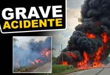 Carreta pega fogo após tombar na BR-242, próximo a Ibiquera