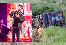 Ônibus do cantor sertanejo Thiago Carvalho tomba e deixa feridos