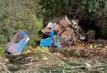 Carreta carregada de melões tomba após perder freio na Serra do Mutum