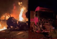 Carro invade contramão e pega fogo após bater em carreta na BR-242