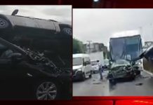 Uma pessoa fica ferida após engavetamento entre carro, ônibus e caminhonete Engavetamento provoca congestionamento na BR-324