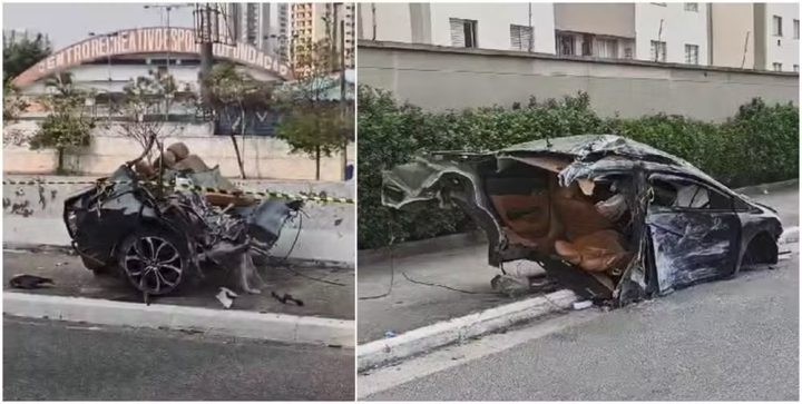 Veículo fica partido em dois após batida com poste na Zona Leste de SP