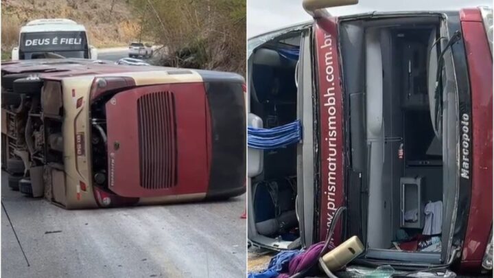 Ônibus de turismo com 58 estudantes com destino à Porto Seguro tomba em rodovia