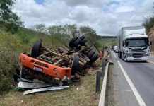 Caminhão carregado de abacaxi tomba na BR-116