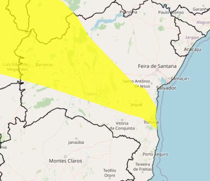 Outras cidades da Bahia também estão com previsão de chuvas intensas, mas com alerta amarelo, que significa perigo potencial