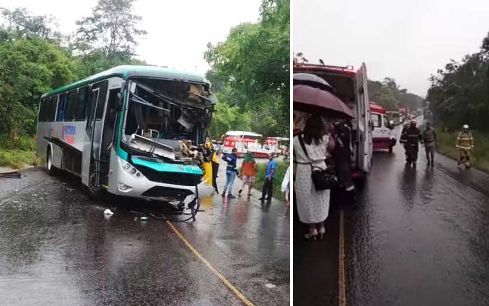 Acidente entre ônibus e carreta deixa feridos na BA-093, em Acajutiba