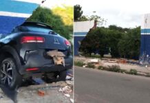 Carro perde controle e derruba parte de muro da Embasa