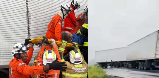 Bombeiros resgatam motorista que ficou preso às ferragens em acidente com caminhões na BR-242