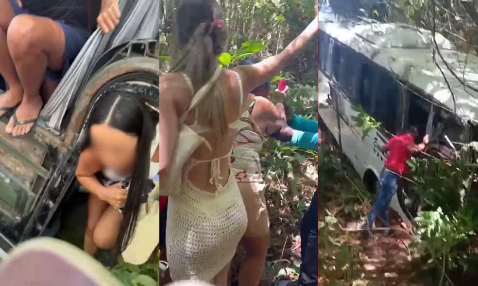 Passageiros saem de ônibus pela janela após veículo cair em ribanceira na BA-001
