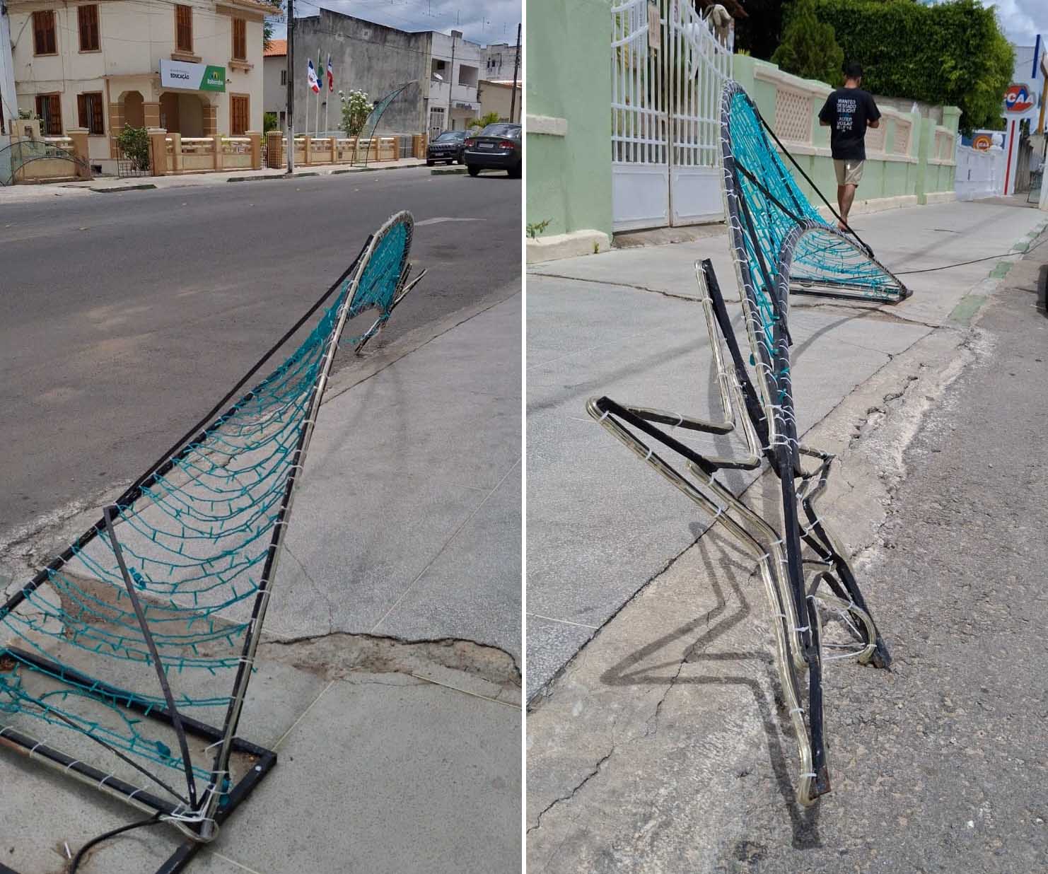 Estruturas de decoração natalina estão caindo na Avenida Rio Branco e podem causar danos a veículos em Itaberaba