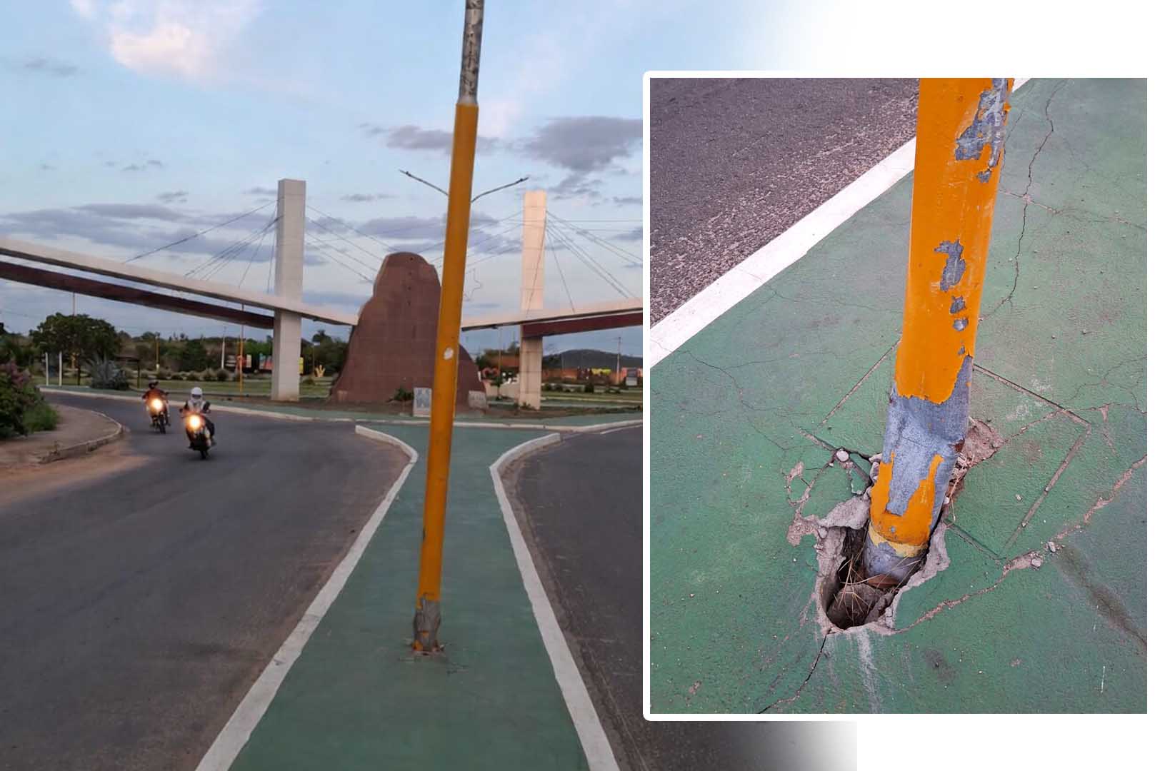 Poste de iluminação danificado ameaça cair e preocupa moradores na entrada de Itaberaba