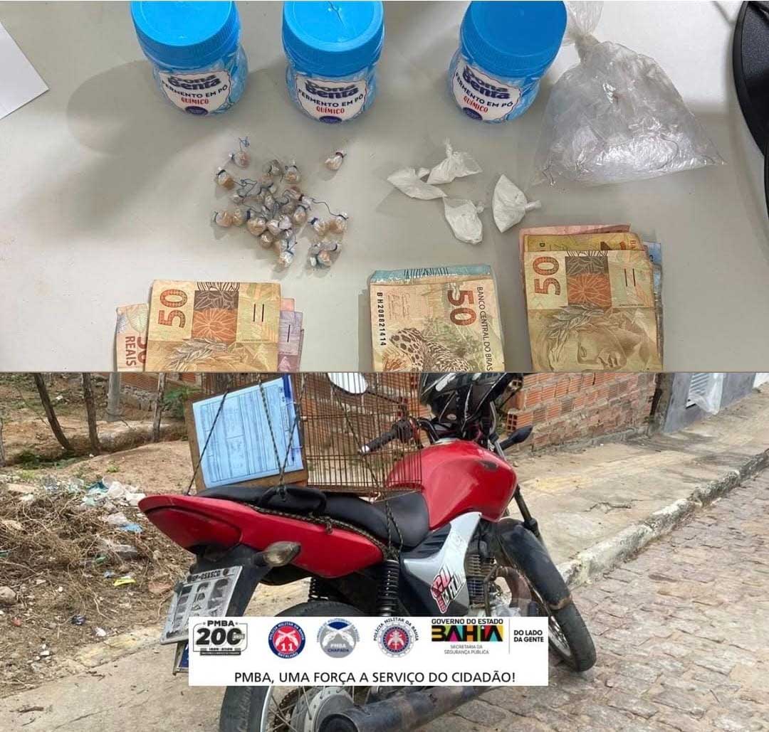 Polícia Militar prende dois suspeitos e apreende drogas e moto adulterada em Itaberaba