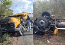 Caminhão capota e pega fogo na BA-419 após pneu estourar Caminhão capota e pega fogo na BA-419 após pneu estourar