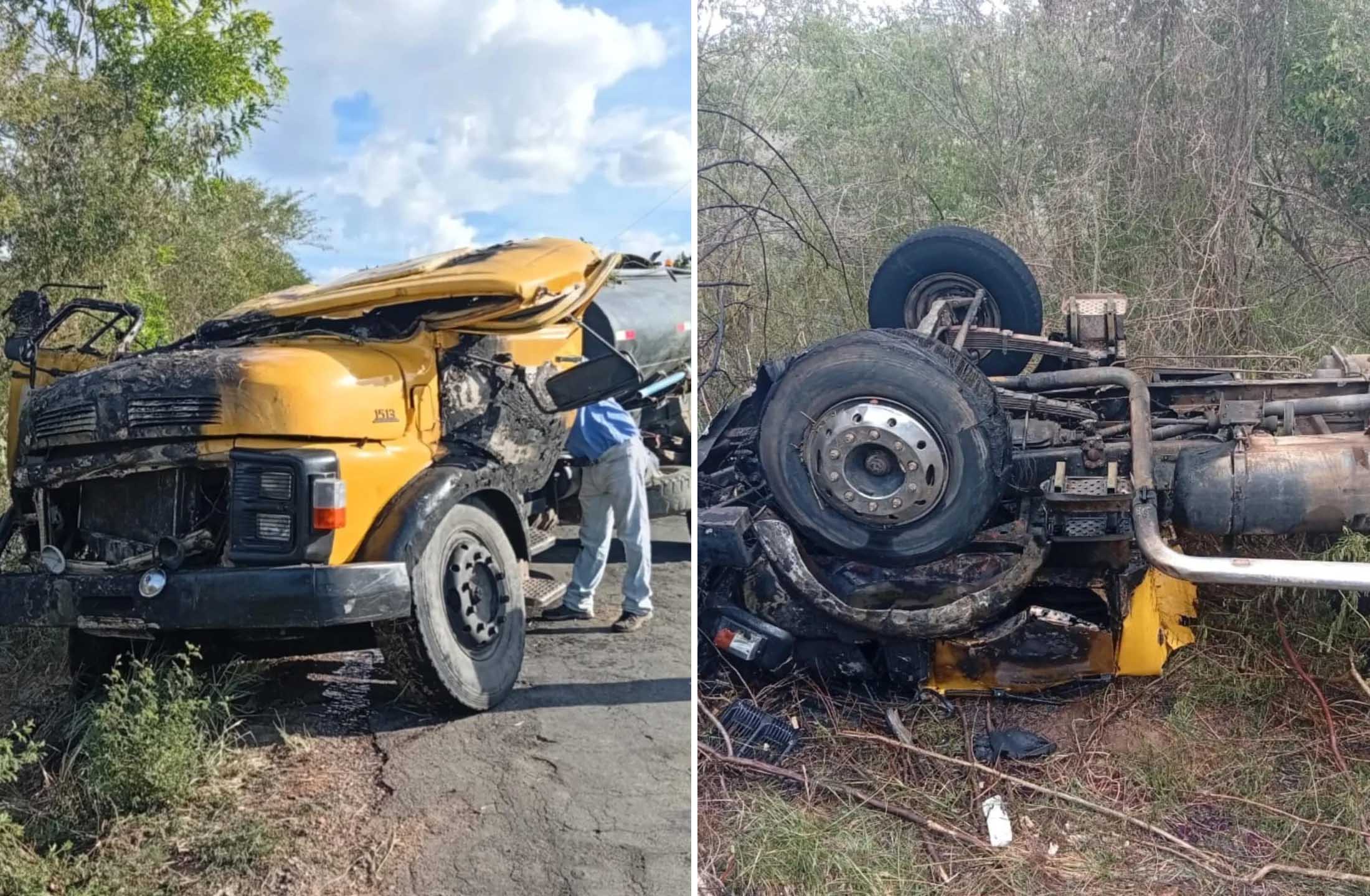 Caminhão capota e pega fogo na BA-419 após pneu estourar
