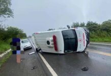 Ambulância capota na BR-242 após derrapar em óleo na pista Ambulância capota na BR-242 após derrapar em óleo na pista