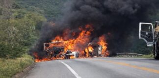 Acidente com quatro veículos provoca incêndio e interdita BR-116 Acidente com quatro veículos provoca incêndio e interdita BR-116