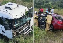 Colisão frontal entre carreta e carro deixa motorista preso às ferragens Colisão frontal entre carreta e carro deixa motorista preso às ferragens