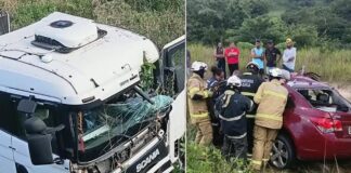 Colisão frontal entre carreta e carro deixa motorista preso às ferragens Colisão frontal entre carreta e carro deixa motorista preso às ferragens