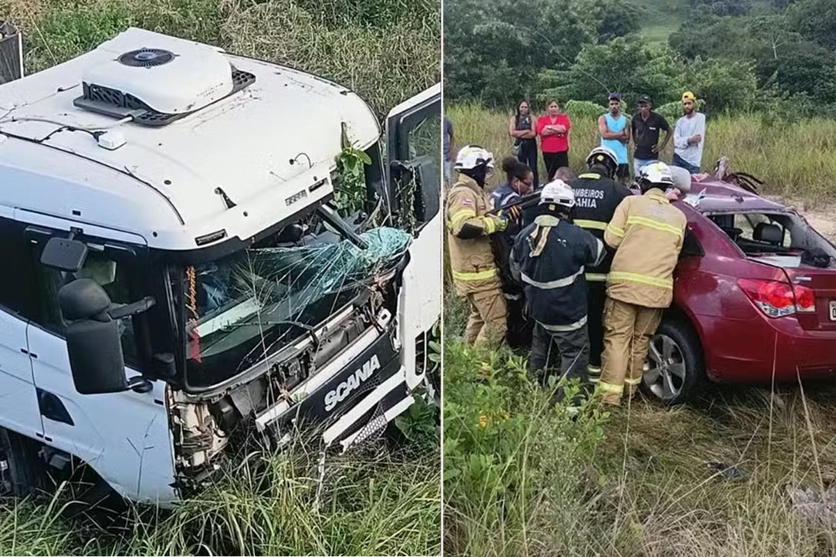 Colisão frontal entre carreta e carro deixa motorista preso às ferragens