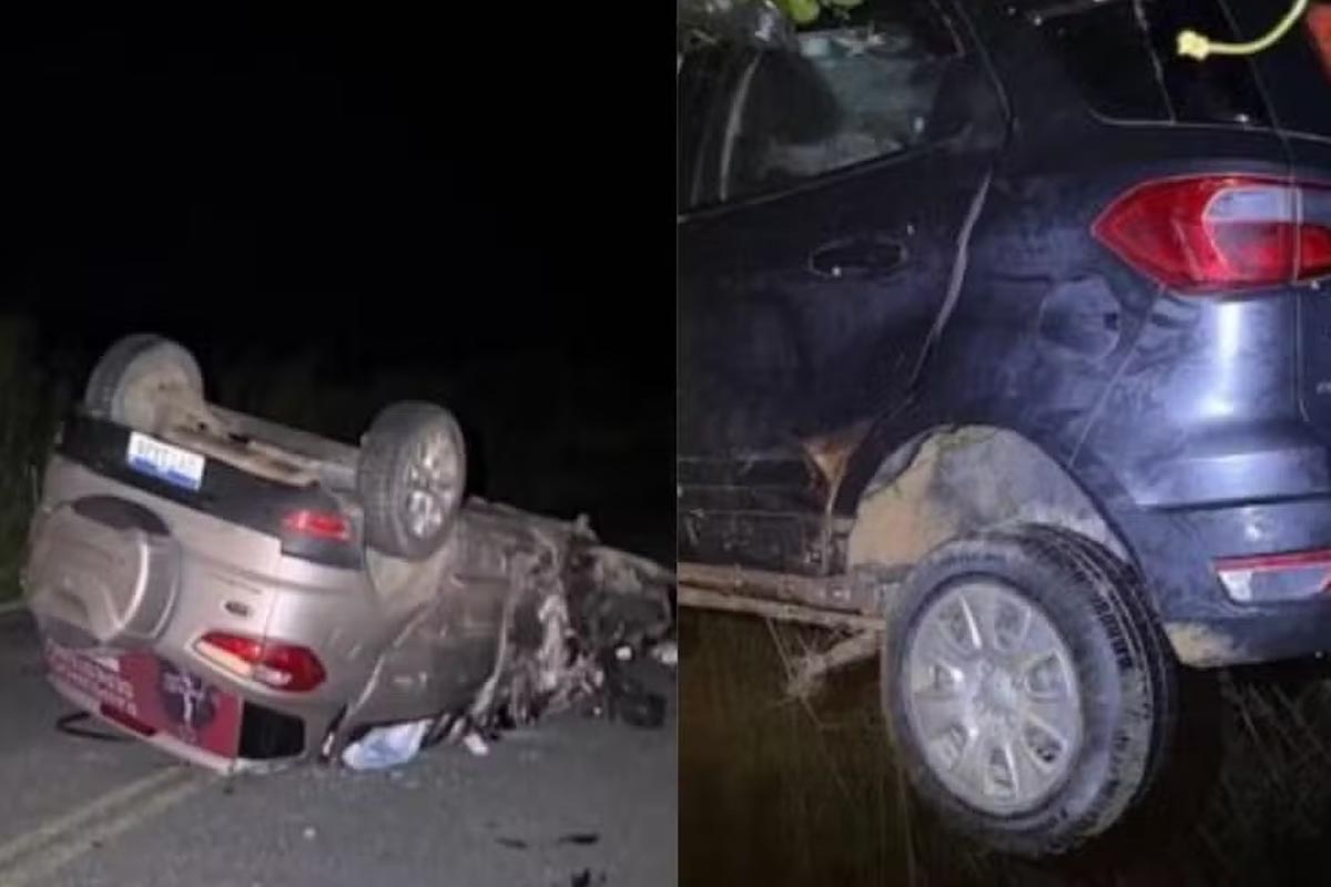 Cantor de seresta fica ferido e motorista morre após carros baterem de frente e capotarem