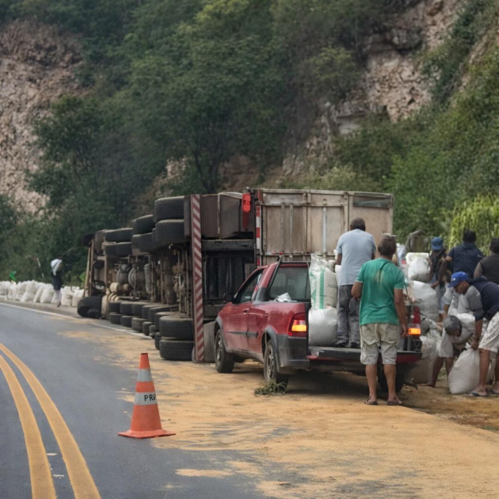 Carreta carregada de grãos tomba na BR-242, na Chapada Diamantina